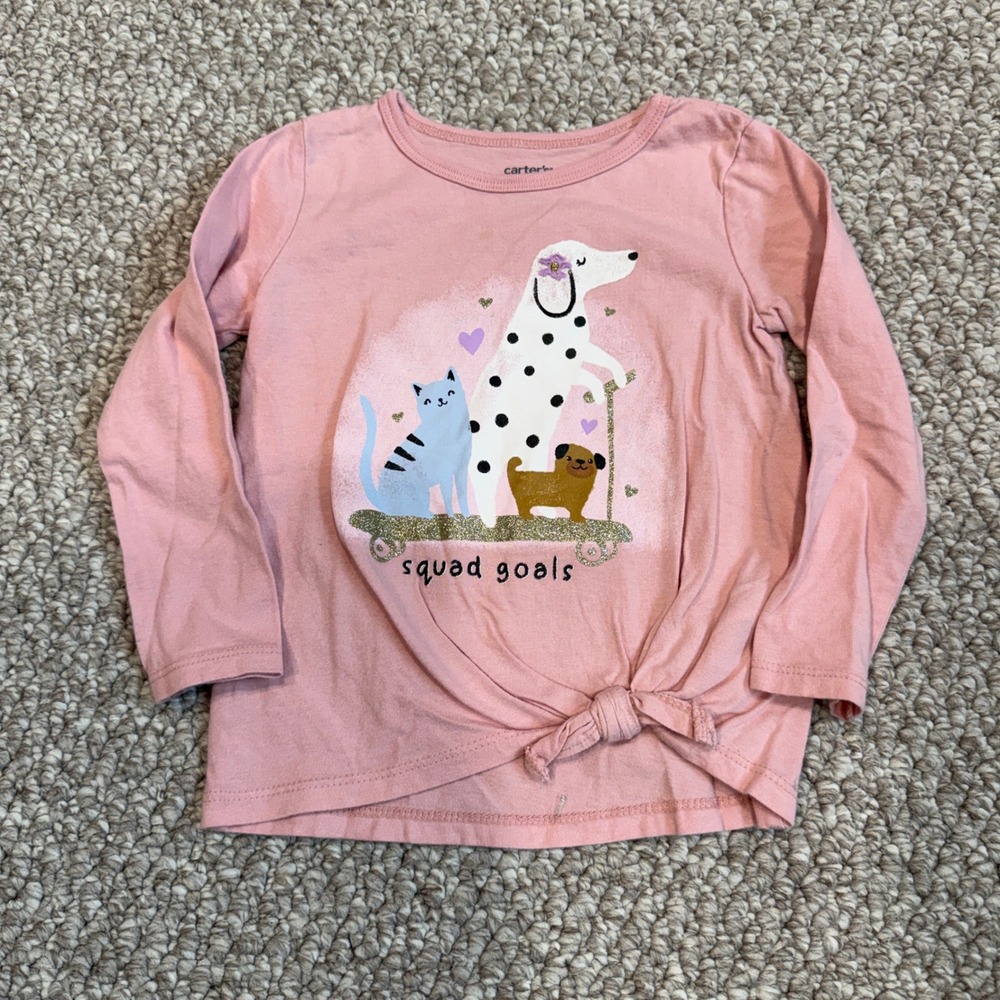 Carters Girls Pink Squad Goals Graphic Long Sleeve Tie Front Top Size 2T